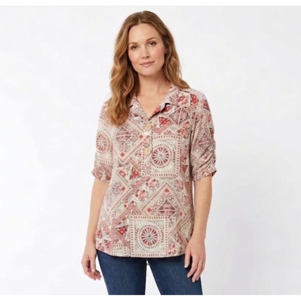 John Mark Red‎ Tan Geometric Artsy Rayon Linen Blend Button Popover Tunic Medium